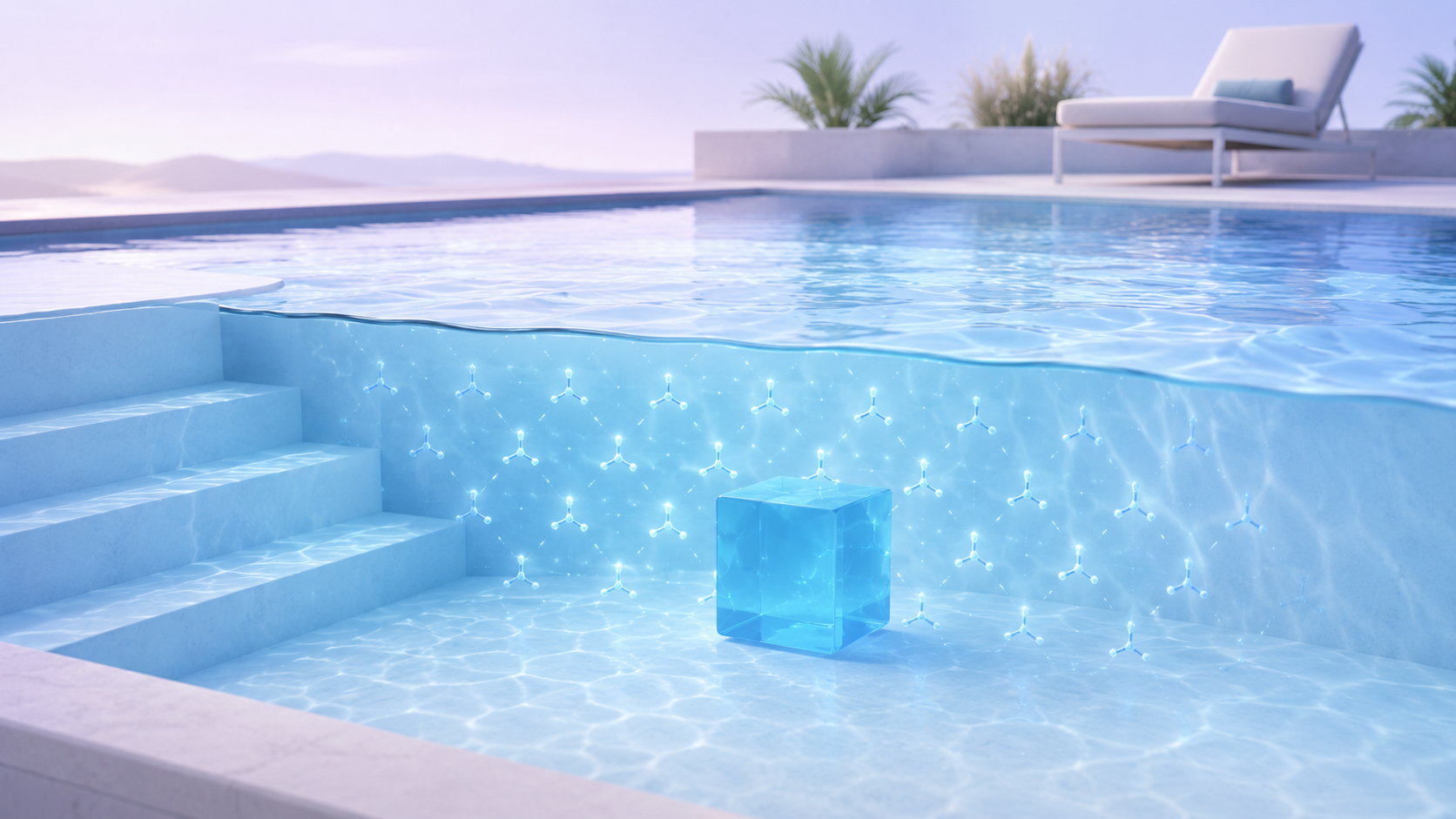 Piscina com o Ploc Bloc submerso na água.